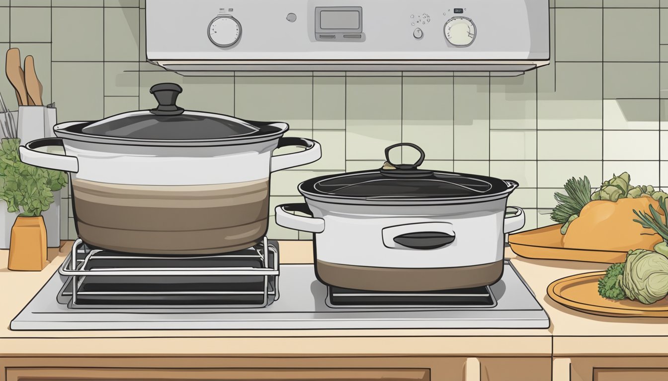 A casserole dish filled with beef and artichoke casserole sits on a countertop next to an oven, with a pair of oven mitts nearby