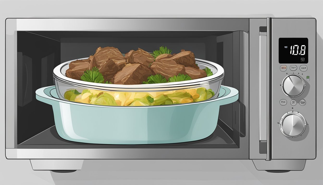 A glass casserole dish with beef and artichoke casserole inside, being placed into a microwave. The digital display shows the timer being set for quick reheating