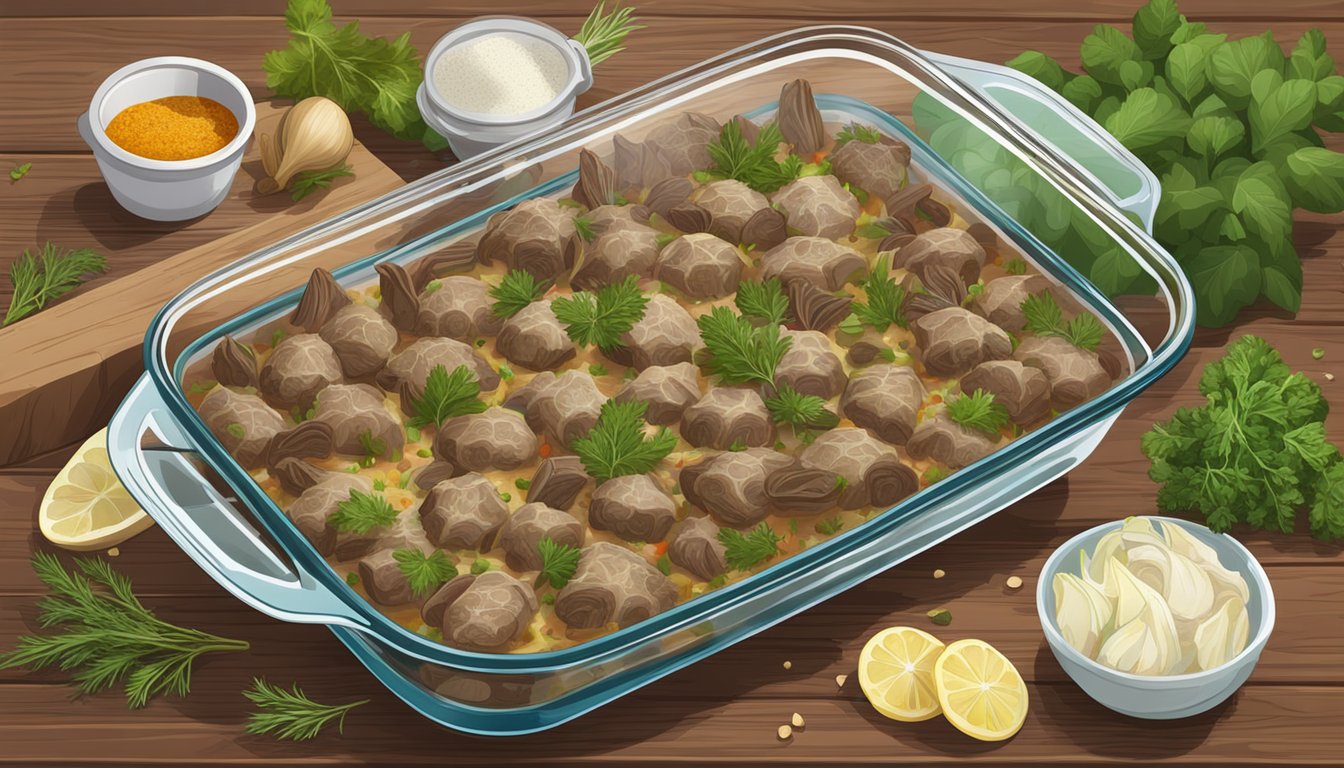 A steaming beef and artichoke casserole sits in a glass baking dish on a wooden table, surrounded by fresh herbs and spices