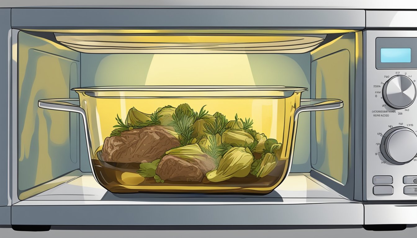 A beef and artichoke casserole sits in a glass dish inside a microwave. The microwave is set to reheat the casserole, with the timer counting down