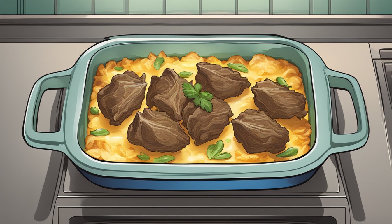 A casserole dish filled with beef and artichoke casserole being reheated in the oven, emitting a delicious aroma