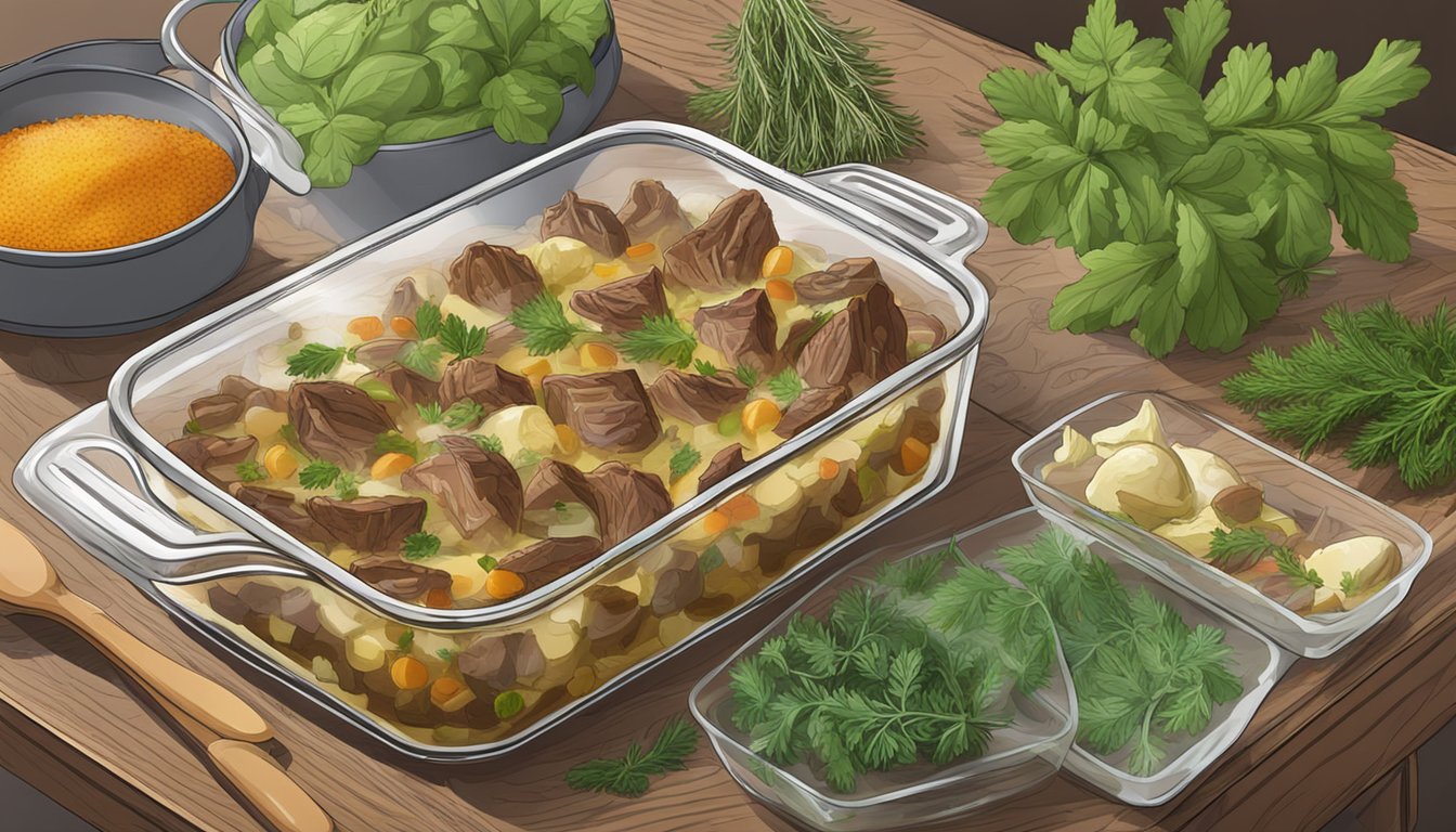 A steaming beef and artichoke casserole sits in a glass baking dish on a wooden table, surrounded by fresh herbs and spices