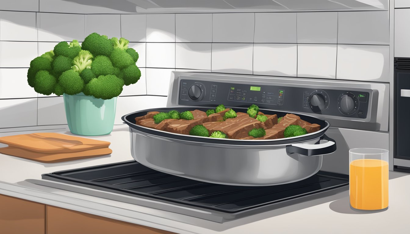 A casserole dish with beef and broccoli sits in an oven, surrounded by steam. A timer is set, and the oven door is closed