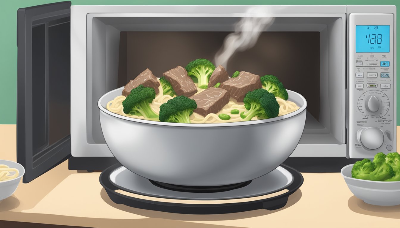 A steaming bowl of beef and broccoli alfredo being reheated in a microwave