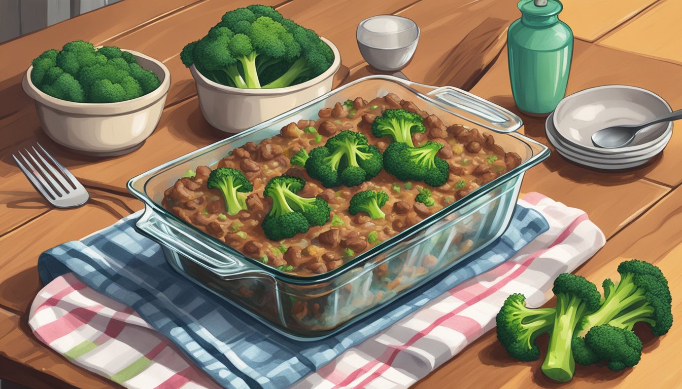 A steaming beef and broccoli casserole sits in a glass dish on a wooden table, surrounded by serving utensils and a colorful kitchen towel