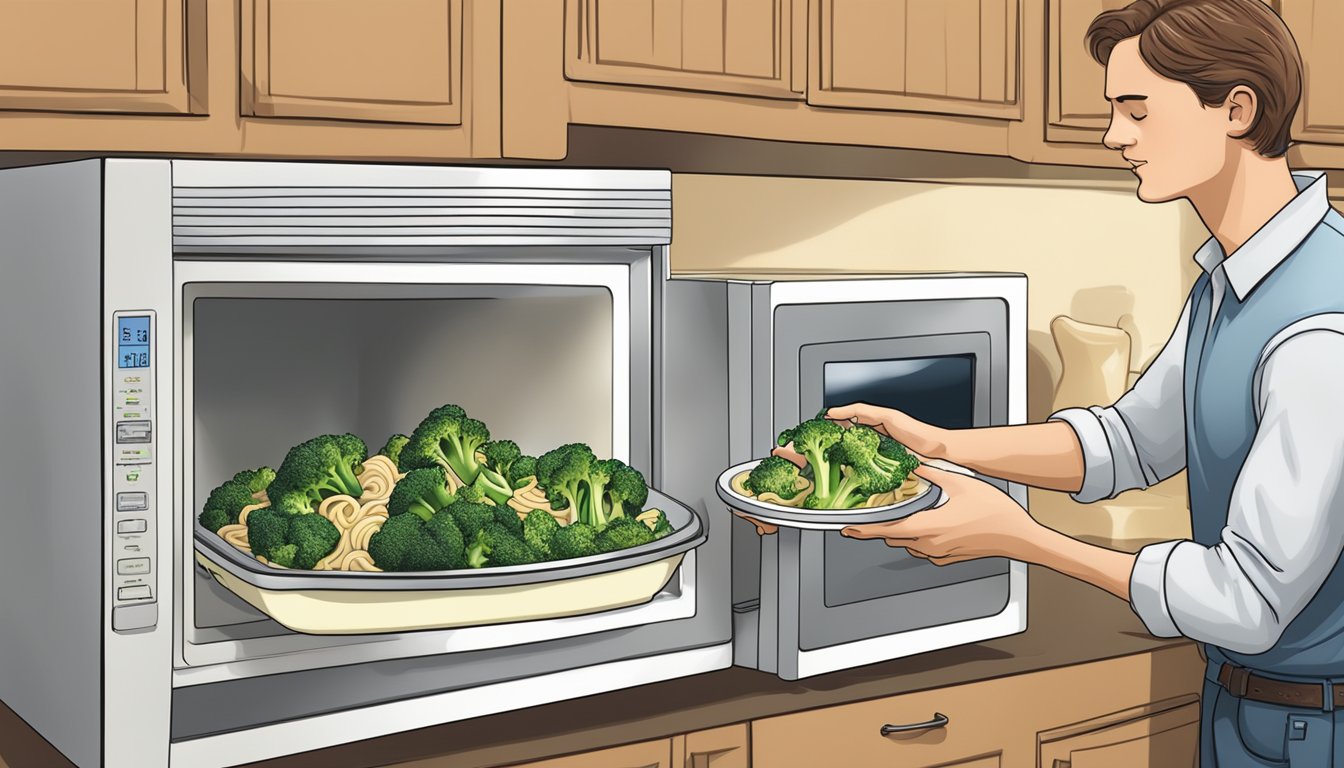 A person placing a covered dish of beef and broccoli alfredo in the microwave