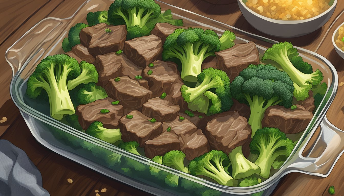 A steaming beef and broccoli casserole sits in a glass baking dish on a wooden table, surrounded by vibrant green broccoli florets and tender chunks of beef, with wisps of steam rising from the dish