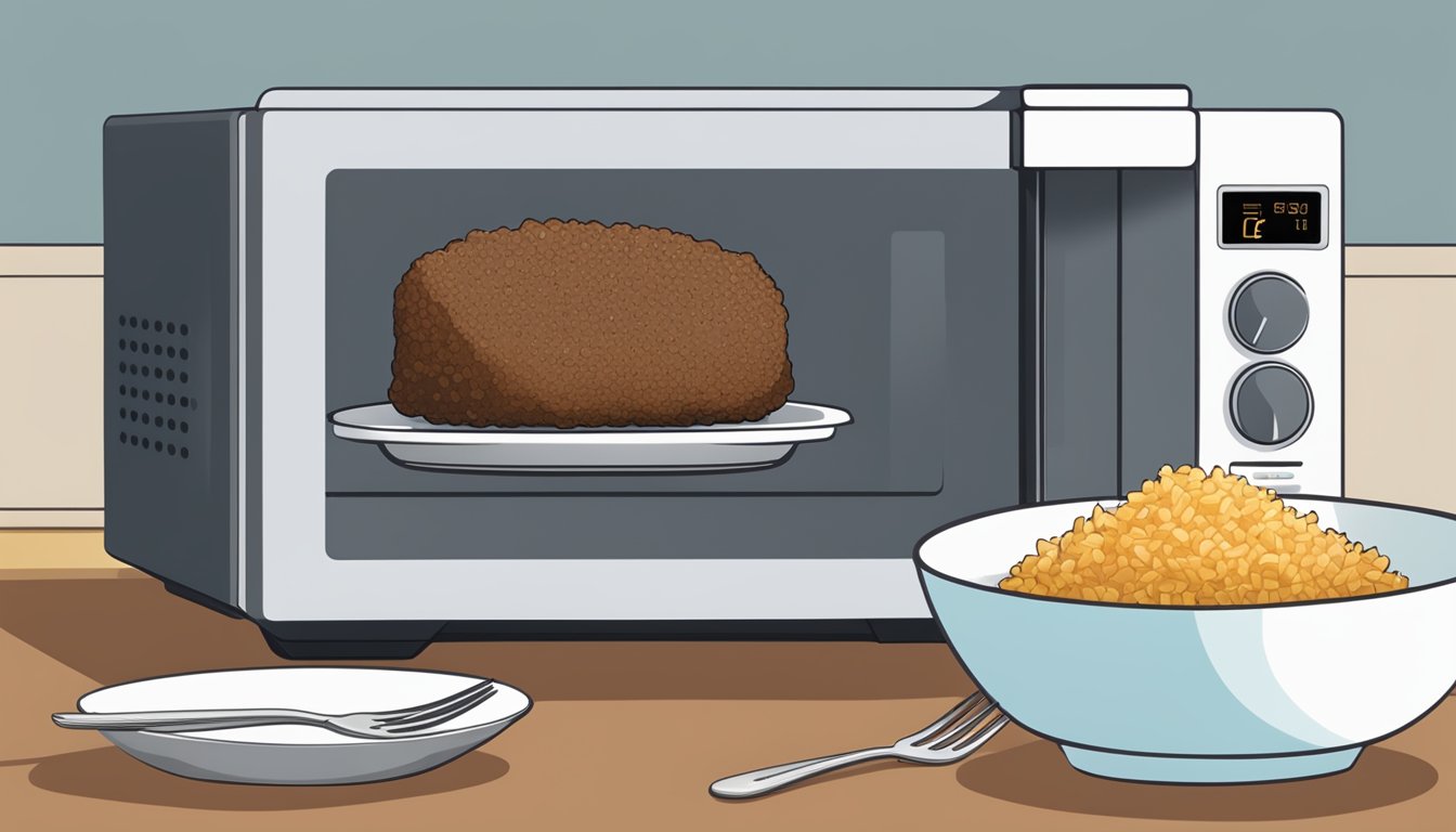 A microwave next to a plate of beef and rice bites, with a fork and a small bowl of water for reheating