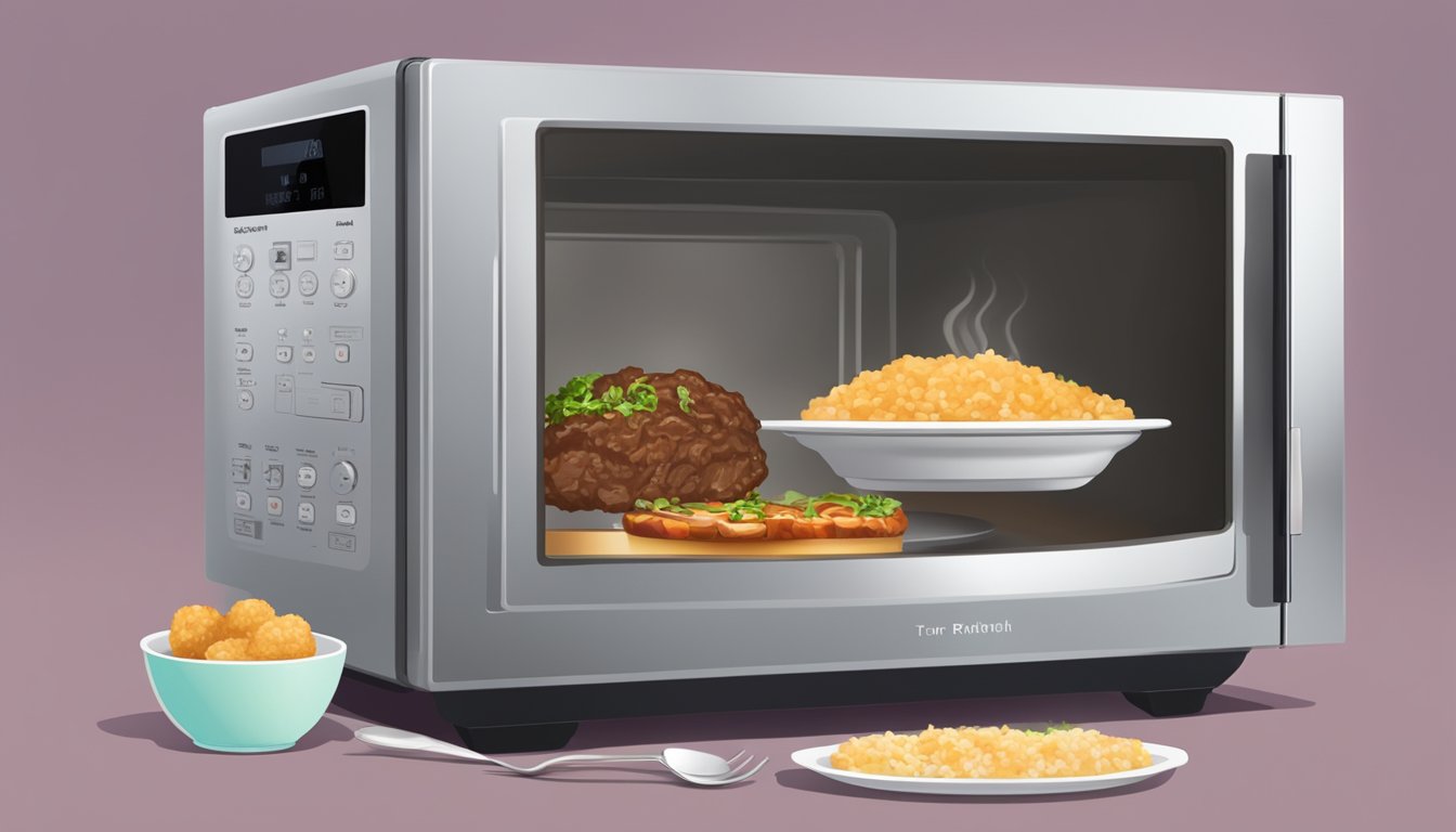 A microwave with a plate of beef and rice bites inside, a fork next to it, and steam rising from the food