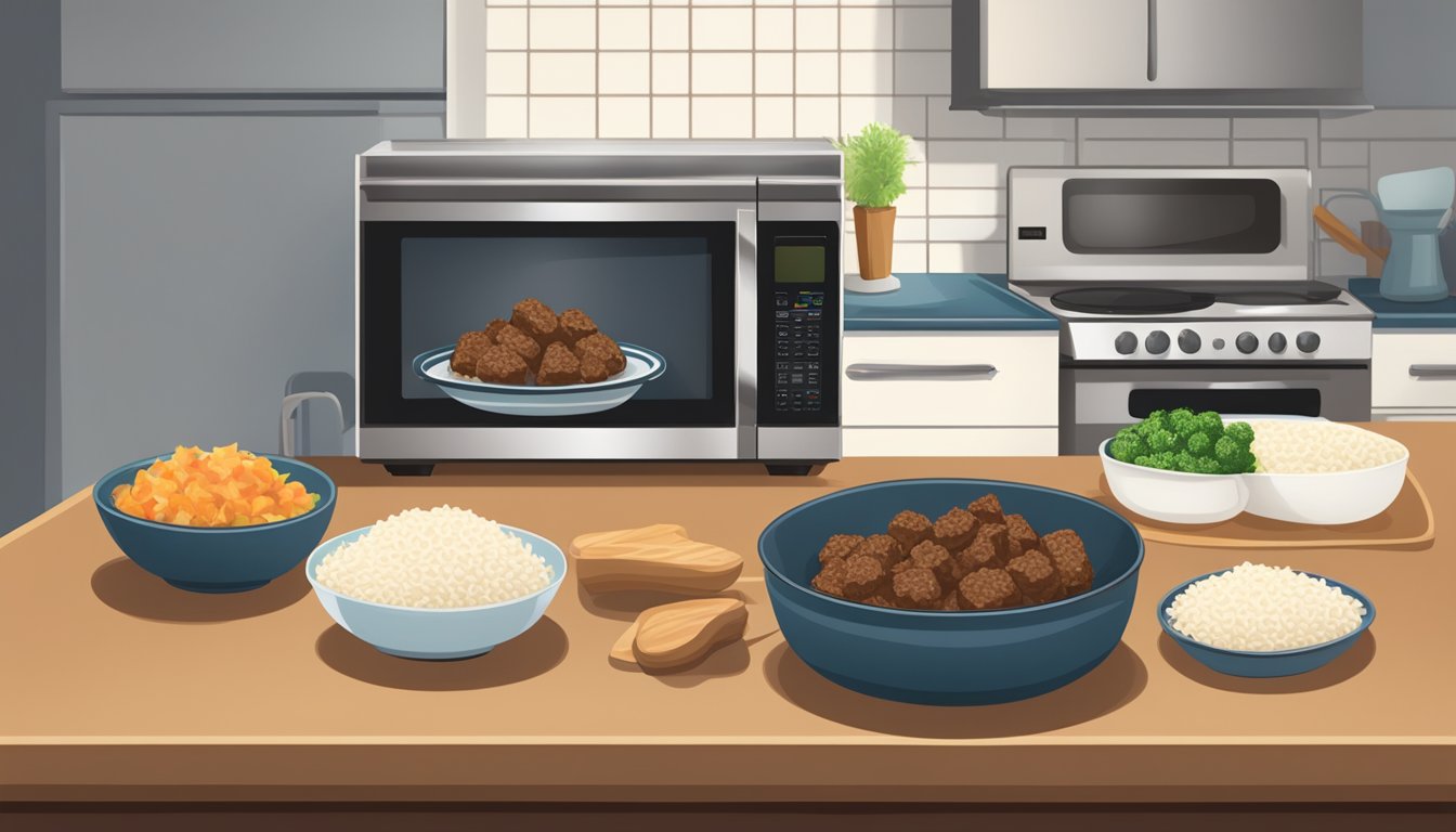 A kitchen counter with a microwave and a plate of beef and rice bites. A pair of oven mitts and a timer are nearby