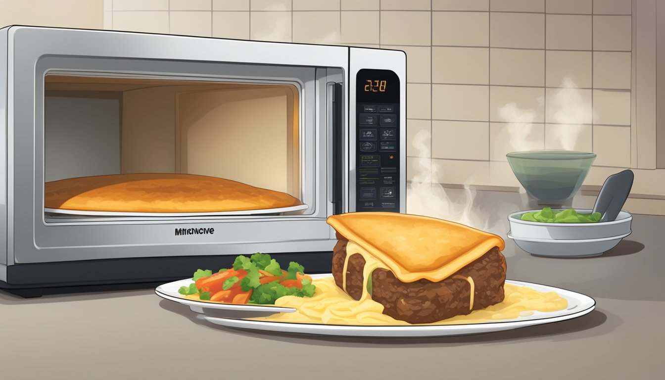 A microwave with a plate of beef and cheese chimichangas inside, a fork next to it, and steam rising from the food