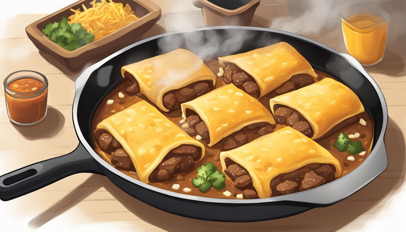 A sizzling skillet with reheated beef and cheese chimichangas, steam rising, golden brown and crispy