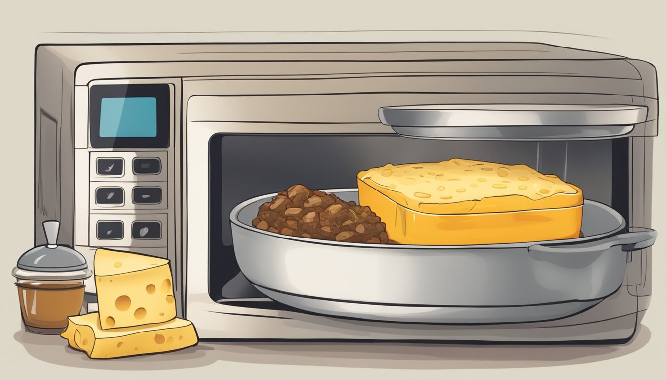 A steaming beef and cheese casserole sits in a microwave, with a covered dish and a fork beside it