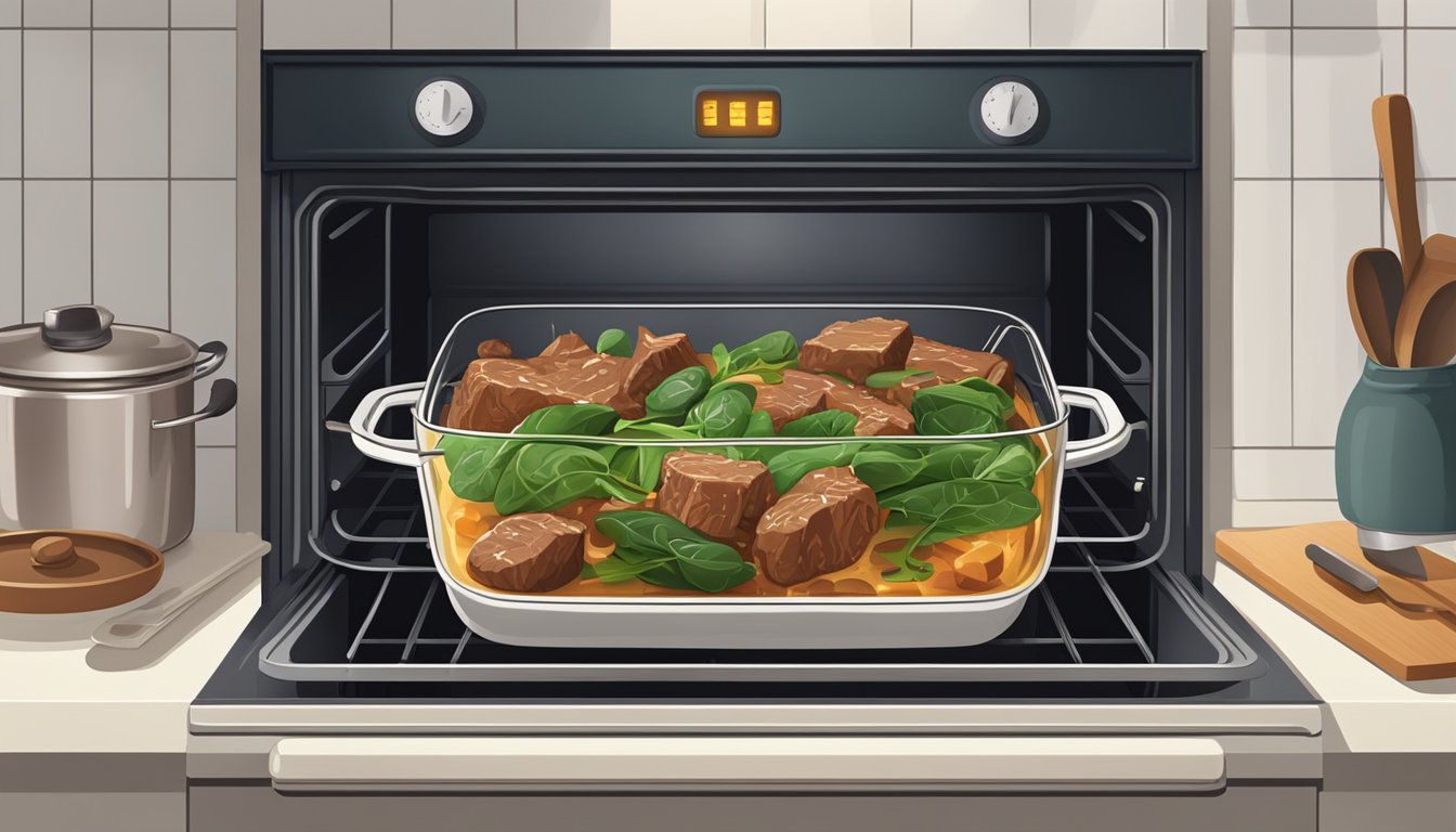 A casserole dish with beef and spinach sits in an open oven, surrounded by the warm glow of the heating element