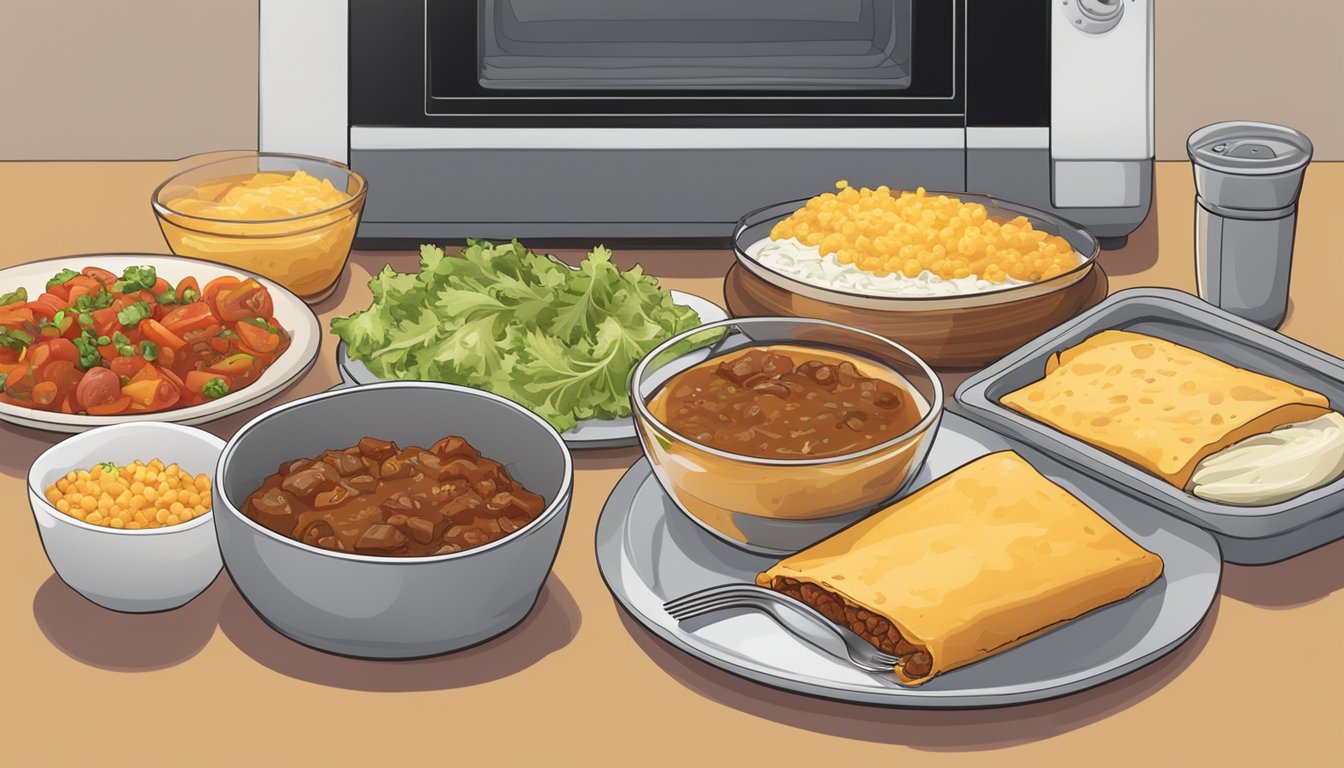 A steaming plate of beef and cheese chimichangas being reheated in the microwave, with various toppings and sides laid out on the table