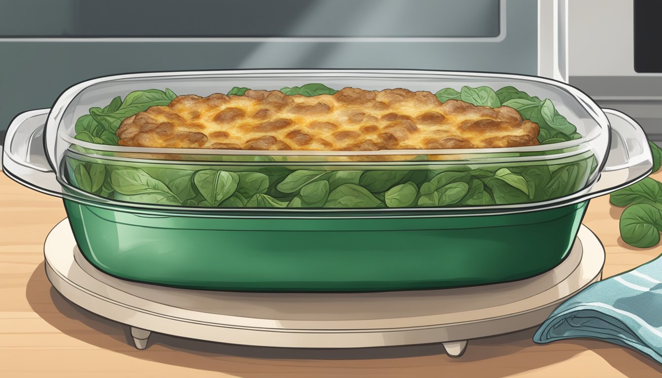 A beef and spinach casserole sits in a glass dish on a microwave-safe plate. Steam rises from the dish as it rotates inside the microwave