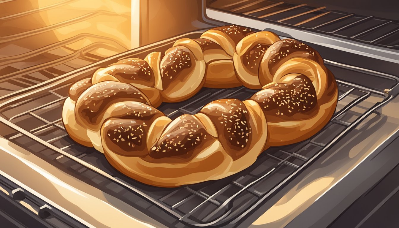 A beef and cheese stuffed pretzel sits on a baking sheet in an oven, surrounded by the warm glow of the heating elements