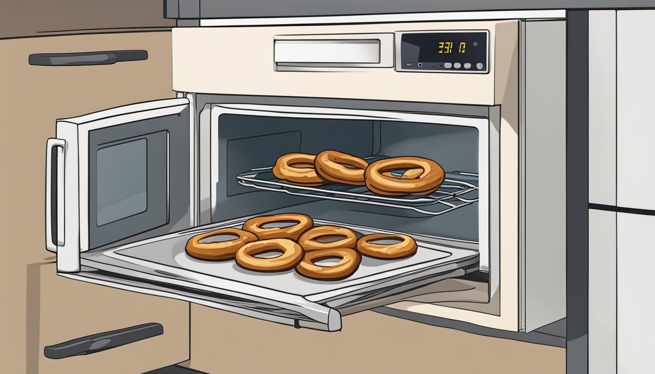 A plate of beef and cheese stuffed pretzels sits next to a microwave. A hand reaches for the microwave door, ready to reheat the savory snacks