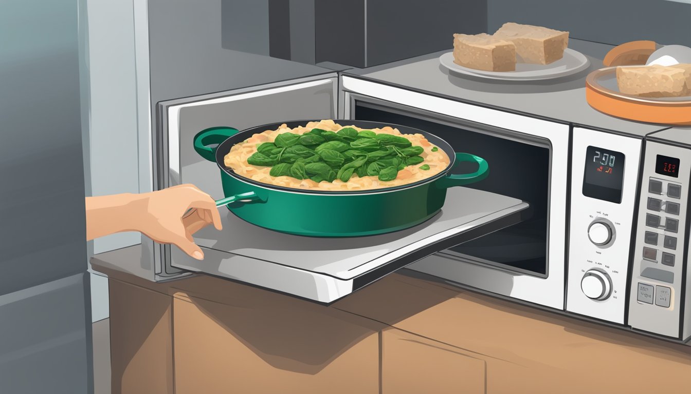 A beef and spinach casserole being reheated in a microwave or oven, with a thermometer nearby to ensure proper temperature