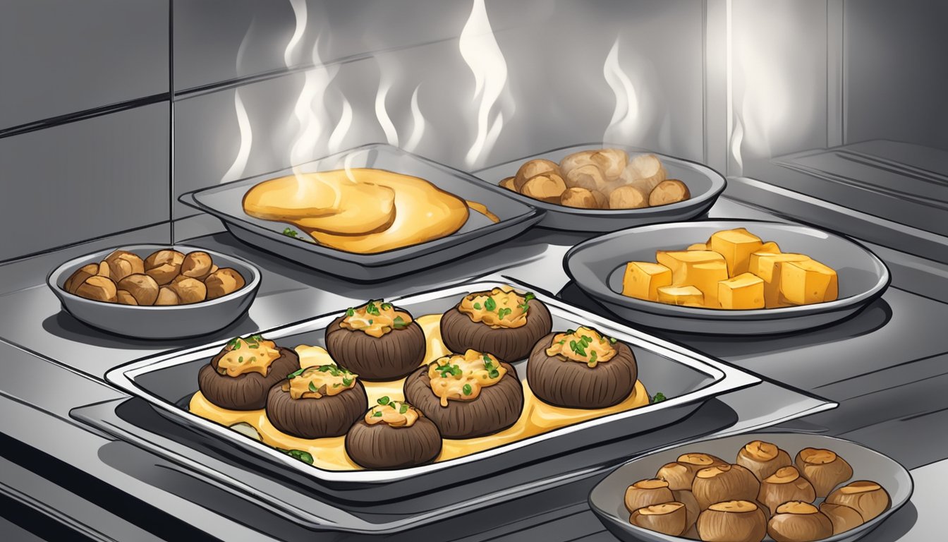 A plate of beef and cheese stuffed mushrooms being reheated in the oven, with the aroma of savory flavors filling the air