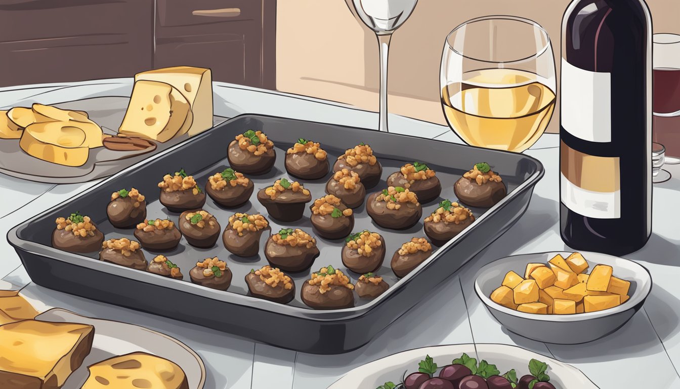 A baking sheet with reheated beef and cheese stuffed mushrooms next to a glass of red wine