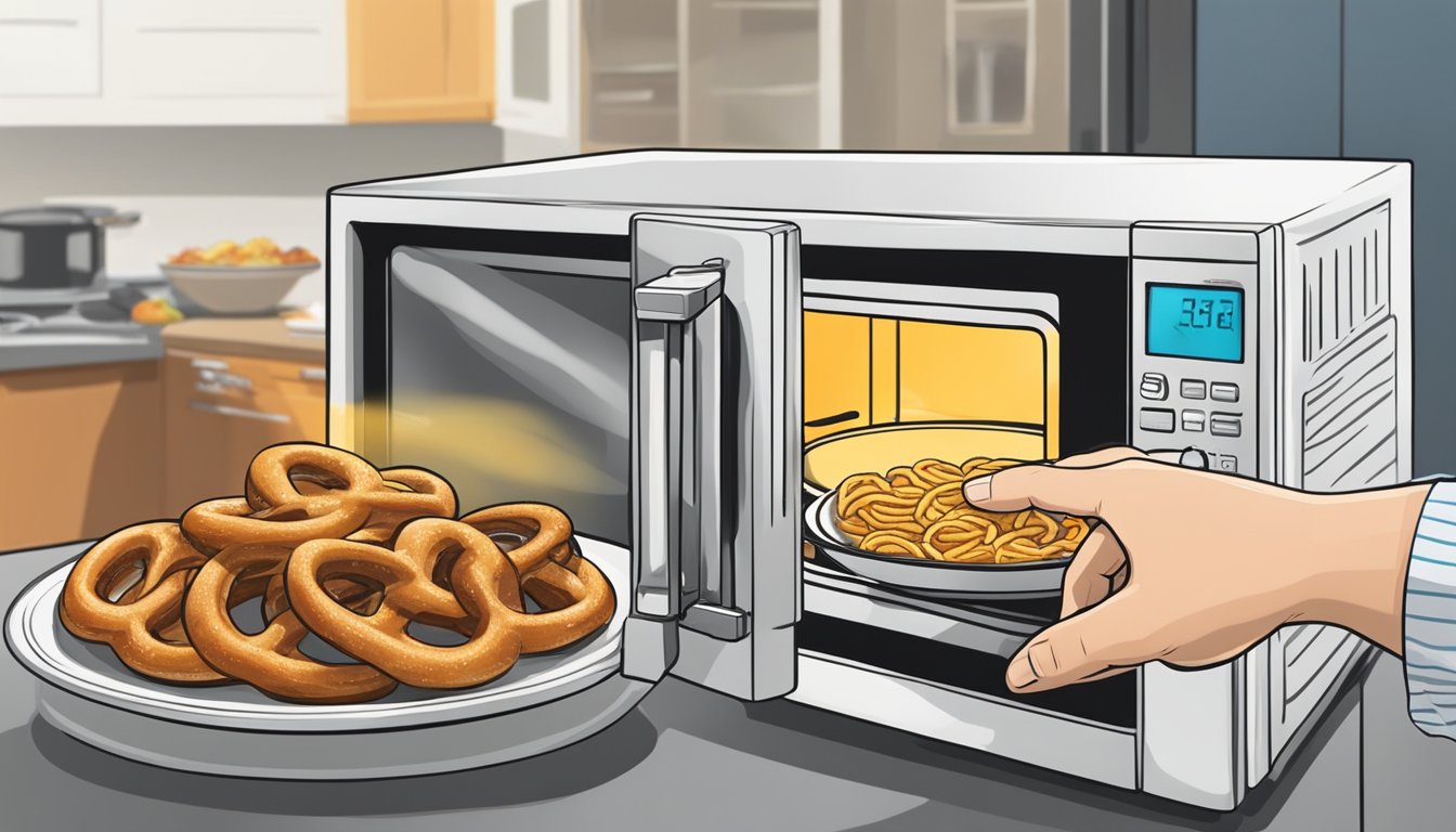 A hand reaching into a microwave to remove a steaming beef and cheese stuffed pretzel. A plate and a microwave in the background