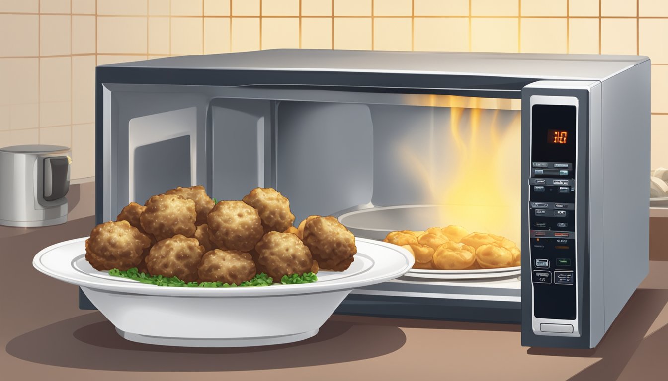 A plate of beef and dumplings bites being reheated in a microwave