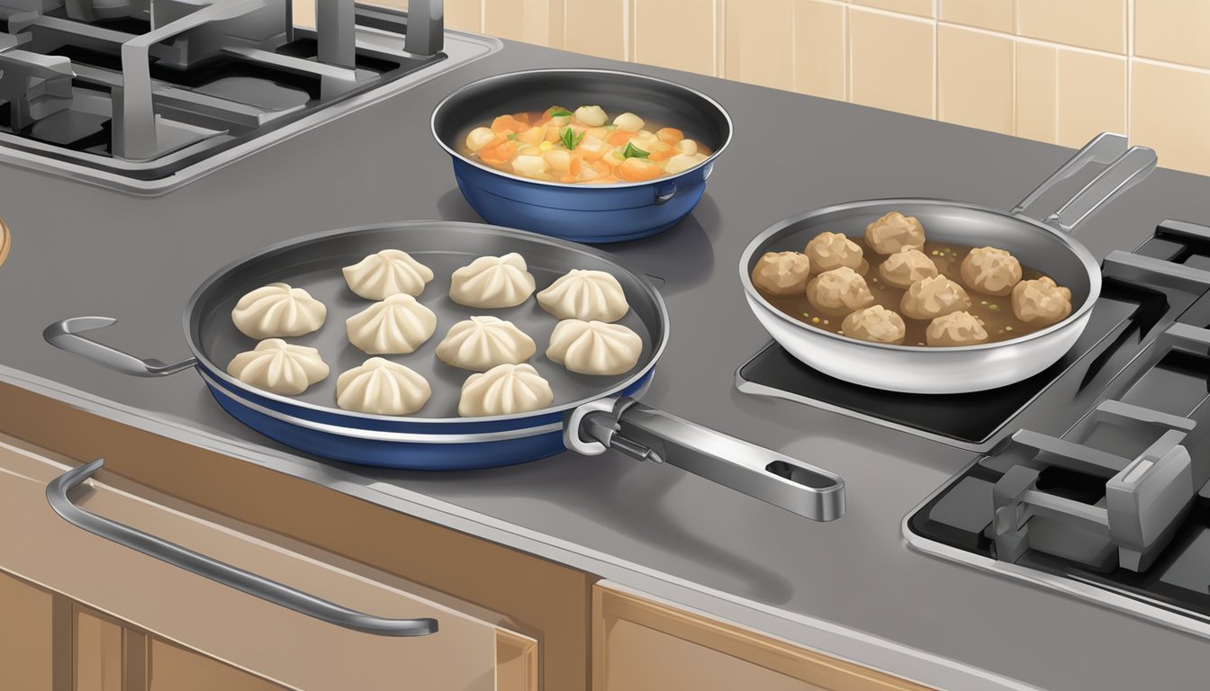 A steaming pot of beef and dumplings bites sits on a stovetop, with a timer set and a pair of tongs nearby