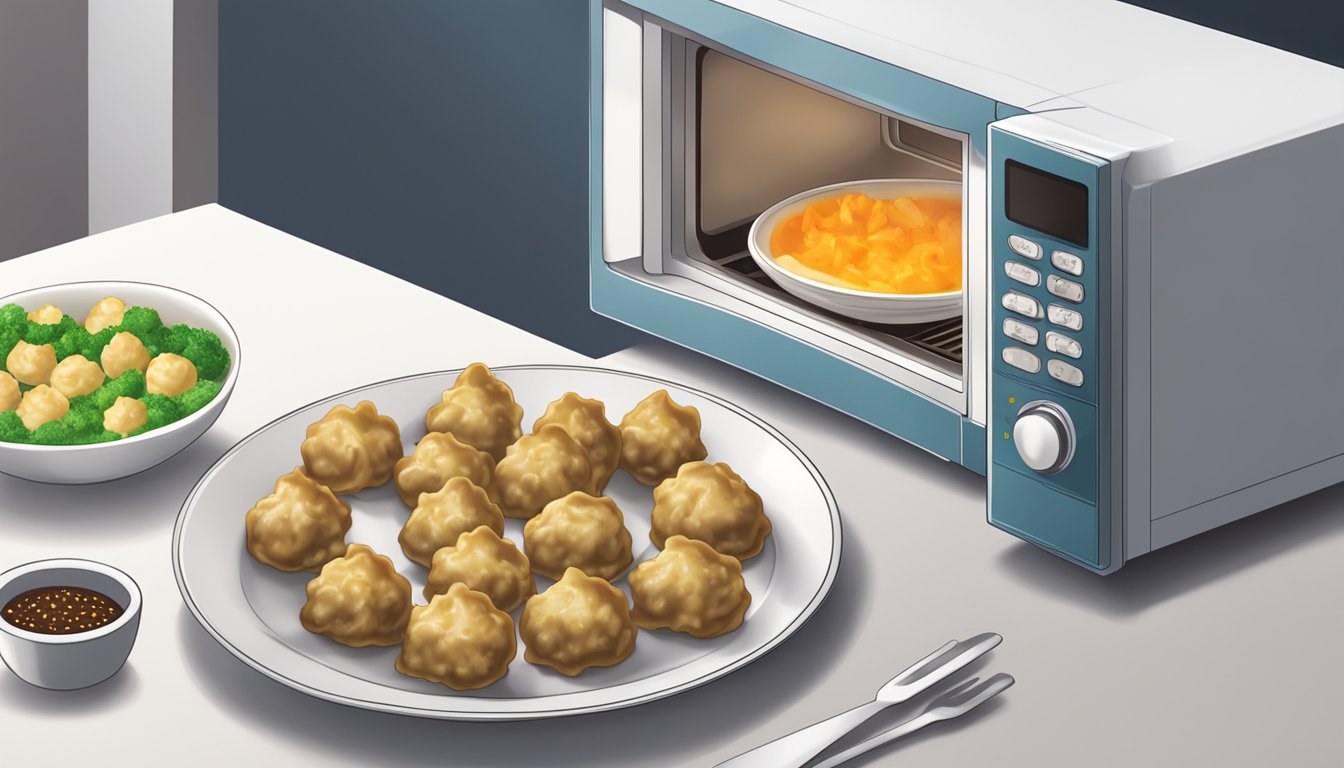 A plate of beef and dumpling bites being reheated in a microwave