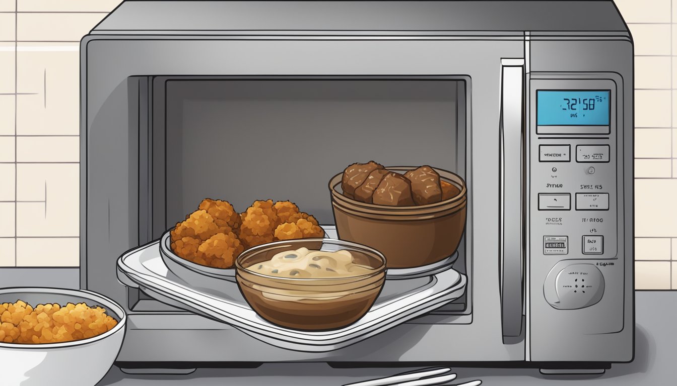 A microwave with a plate of beef and gravy bites inside, a fork beside it, and a timer set for reheating