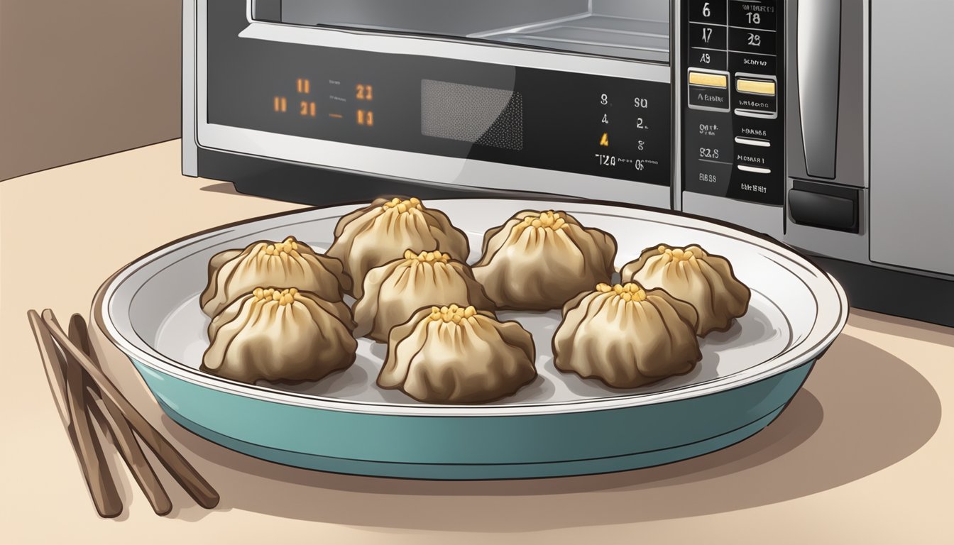 A plate of steaming beef and dumpling bites being reheated in a microwave