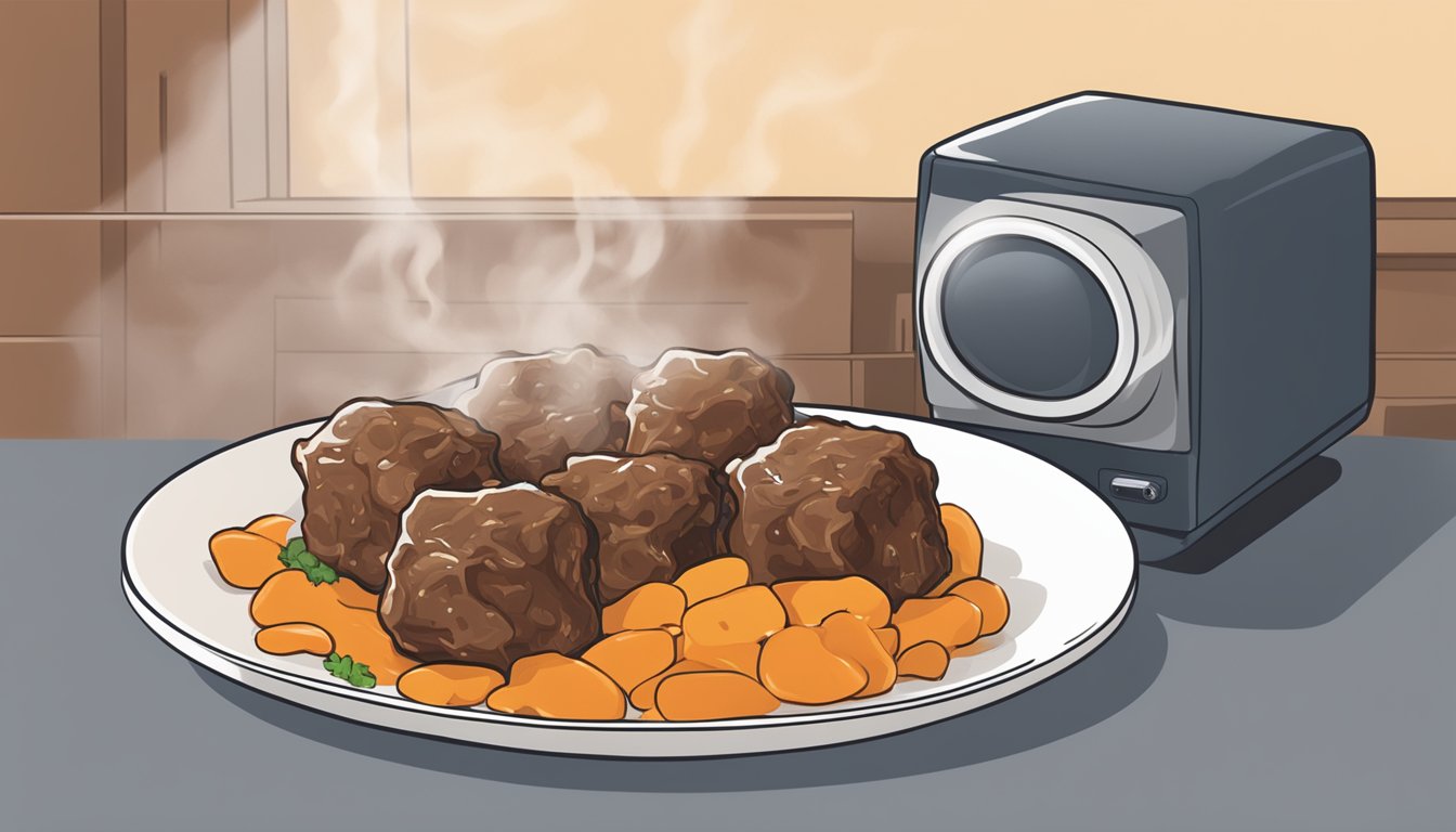 A plate of beef and gravy bites being reheated in the microwave