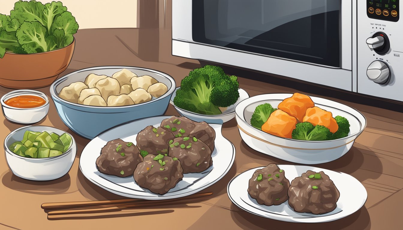 A plate of beef and dumplings bites being reheated in the microwave, with a side of steamed vegetables and a small dish of dipping sauce