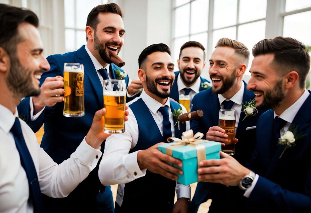 A group of men celebrating, with beer, cigars, and gifts for the groom