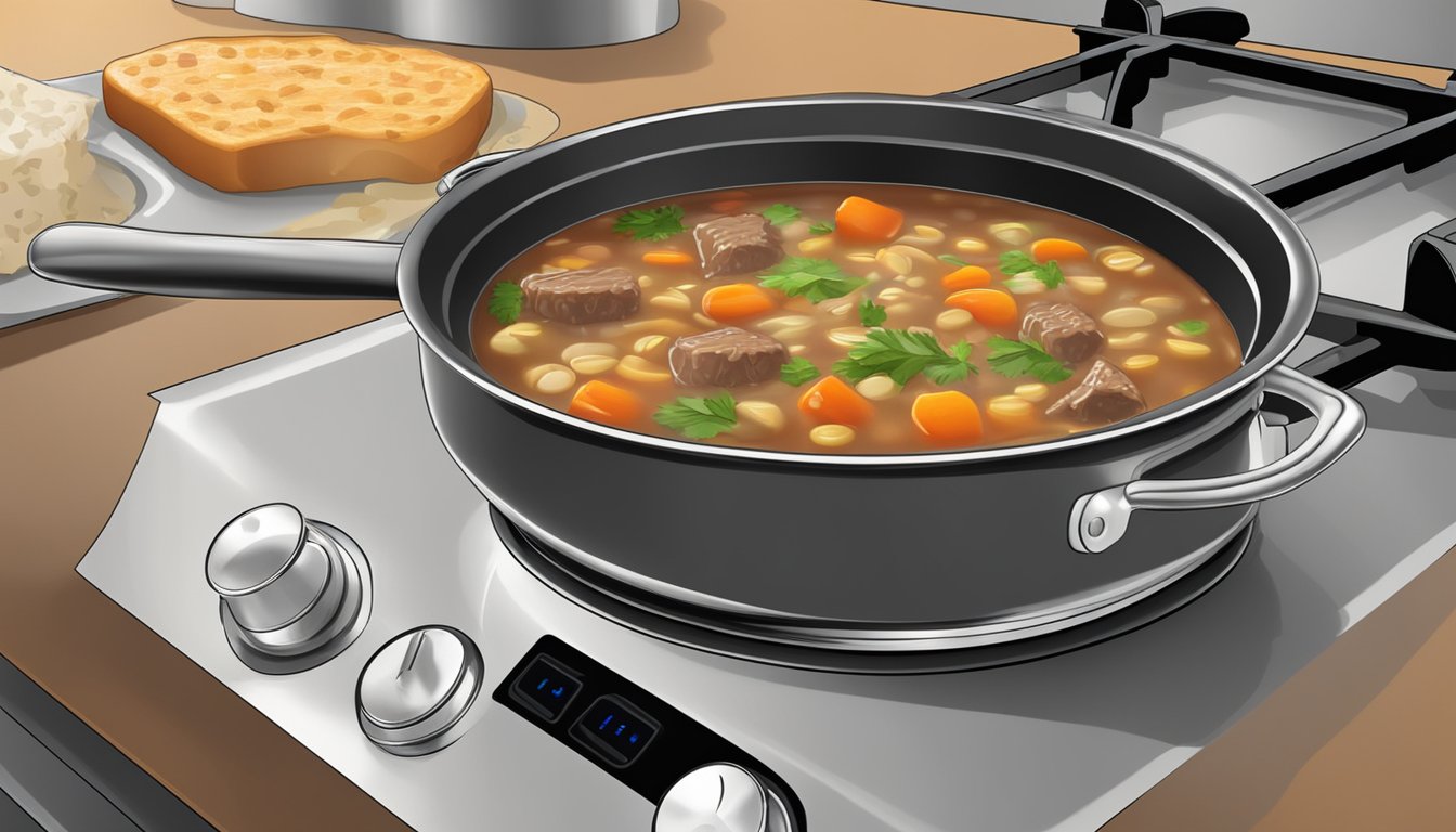 A pot of beef barley soup being reheated on a stovetop