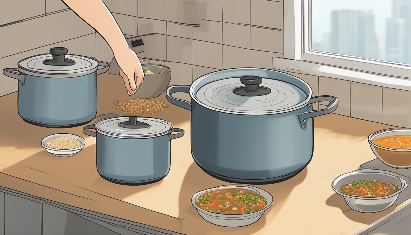 A pot of beef barley soup is being transferred into airtight containers for storage. Another pot is being reheated on the stovetop