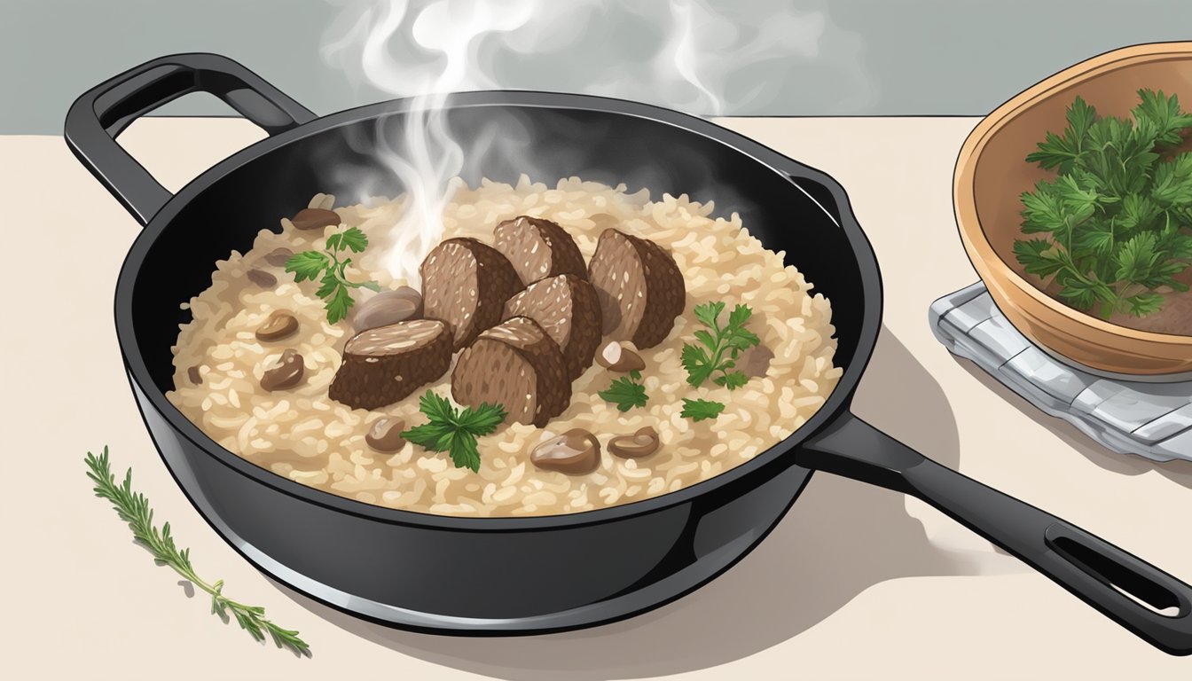 A steaming bowl of beef and mushroom risotto being reheated in a skillet over a stovetop, with the aroma of savory herbs and spices wafting through the air