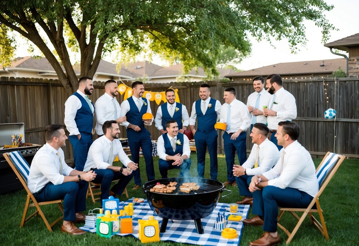 A group of men gathered around a backyard barbecue, with games and decorations set up for a groom's shower celebration