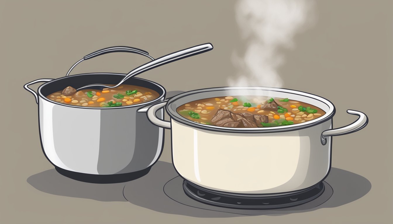 A steaming bowl of beef barley soup being reheated on a stovetop, with a spoon resting on the side