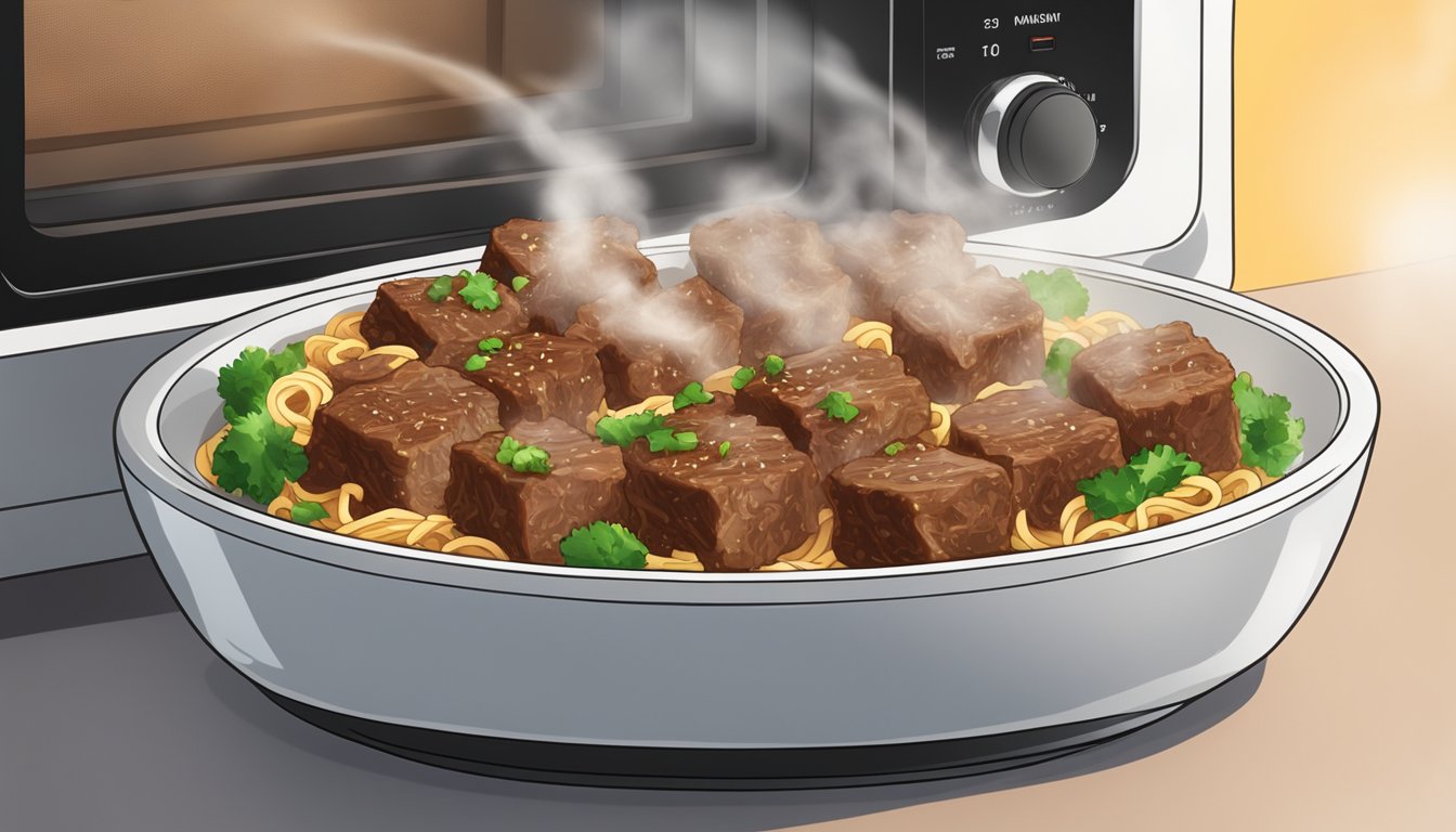 A plate of beef and noodle bites being reheated in a microwave, with steam rising from the hot food