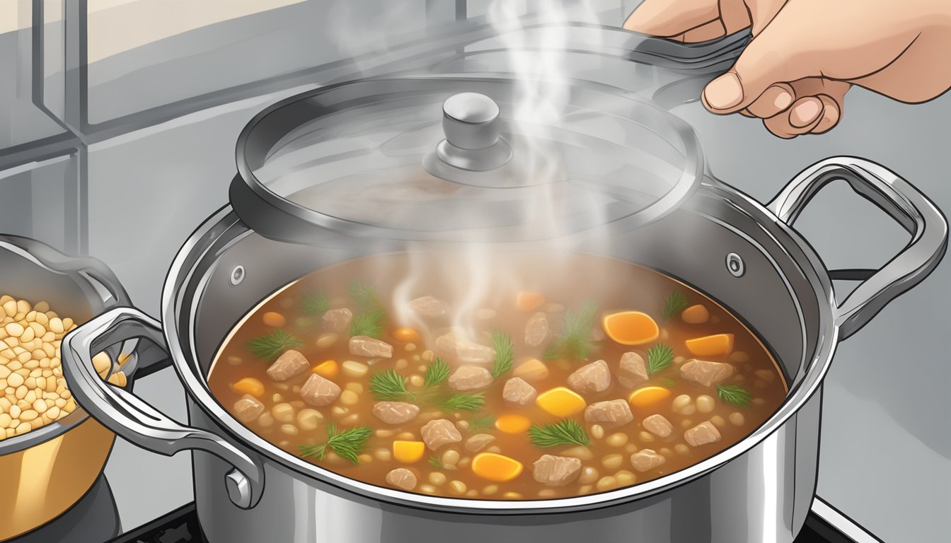 A pot of beef barley soup being reheated on a stovetop, steam rising from the simmering liquid