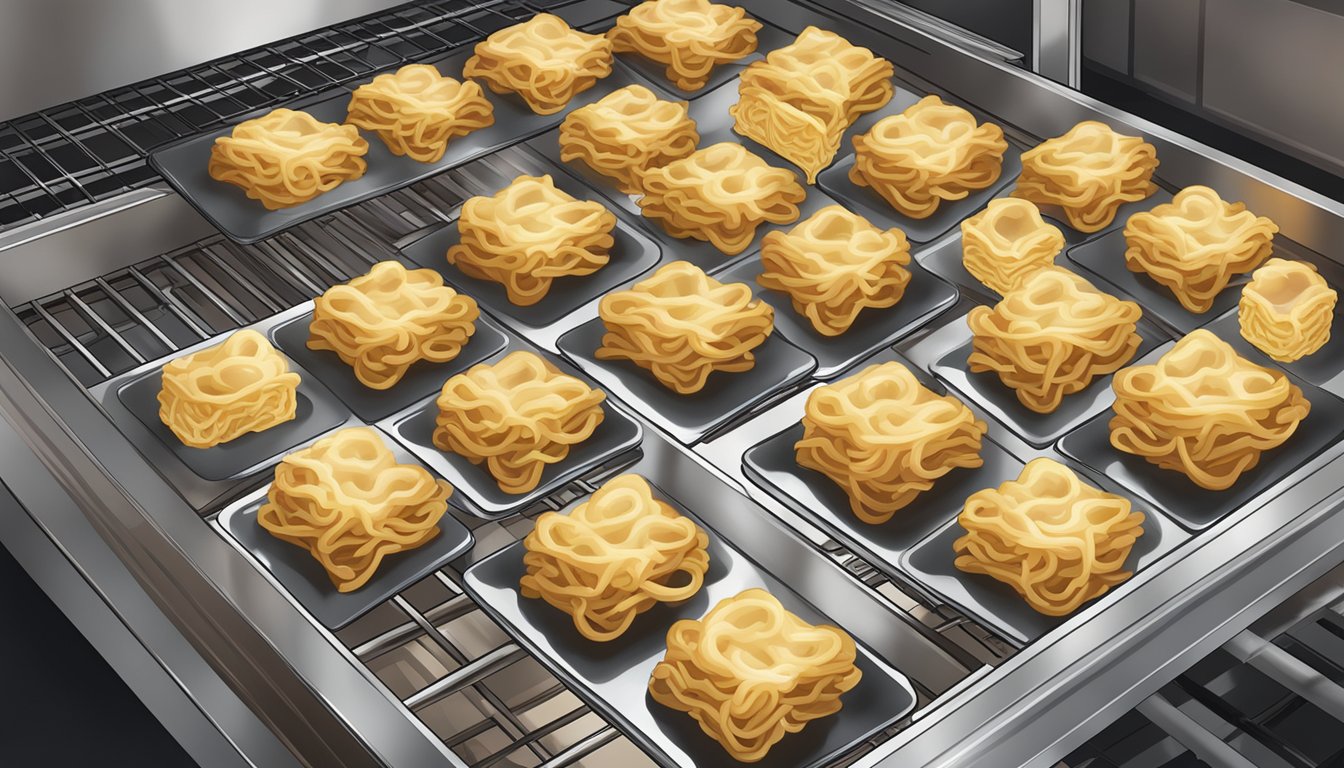 A steaming tray of beef and noodle bites being placed in the oven