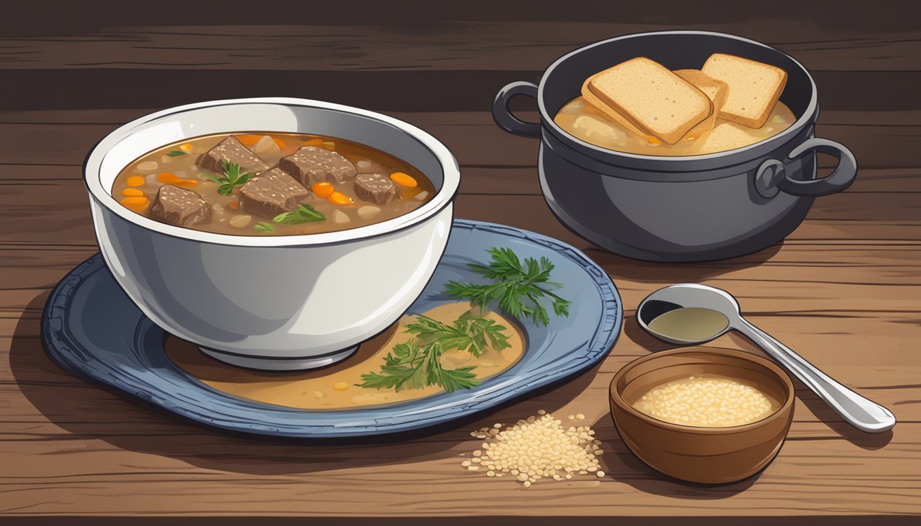 A steaming bowl of beef barley soup sits on a rustic wooden table, with a side of crusty bread and a spoon