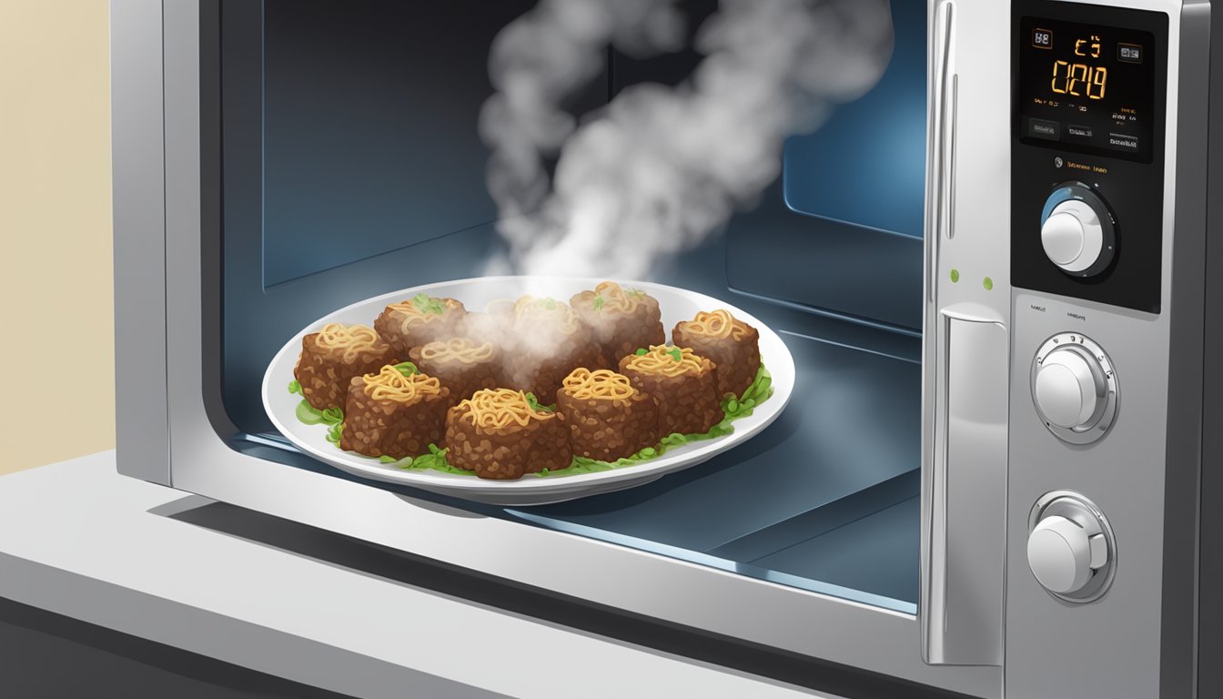 A steaming plate of beef and noodle bites being warmed in a microwave