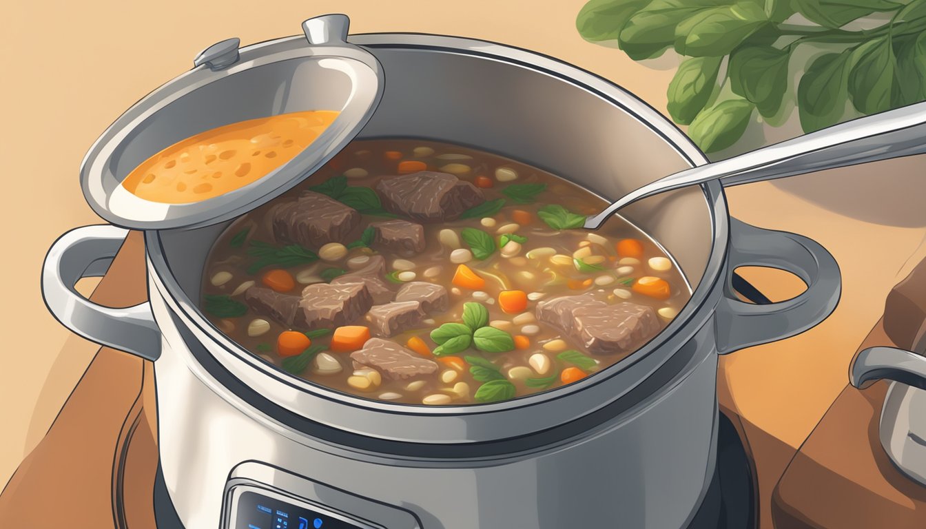 A pot of beef barley soup being gently reheated on a stovetop, steam rising and a ladle resting on the side