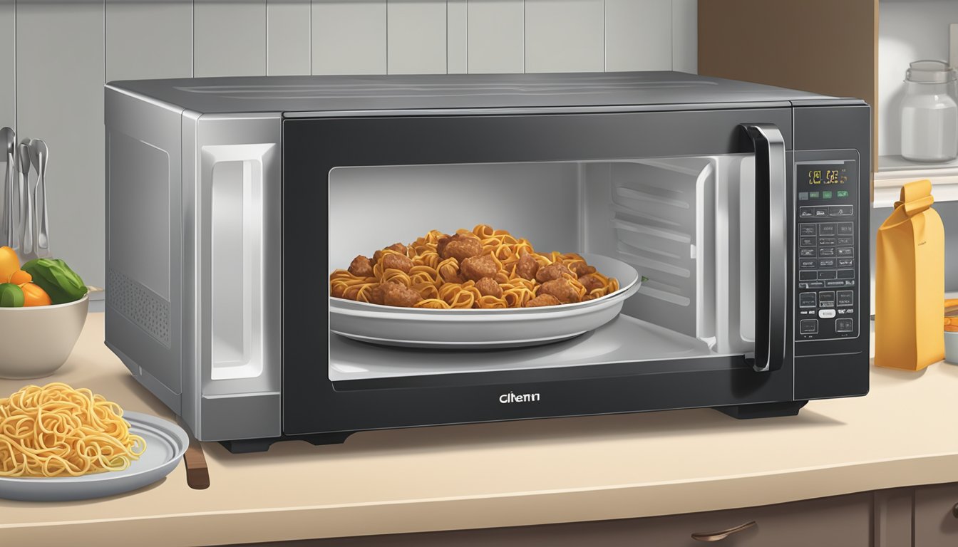 A microwave with a plate of beef and noodle bites inside, a microwave-safe cover, and a pair of kitchen tongs on the counter