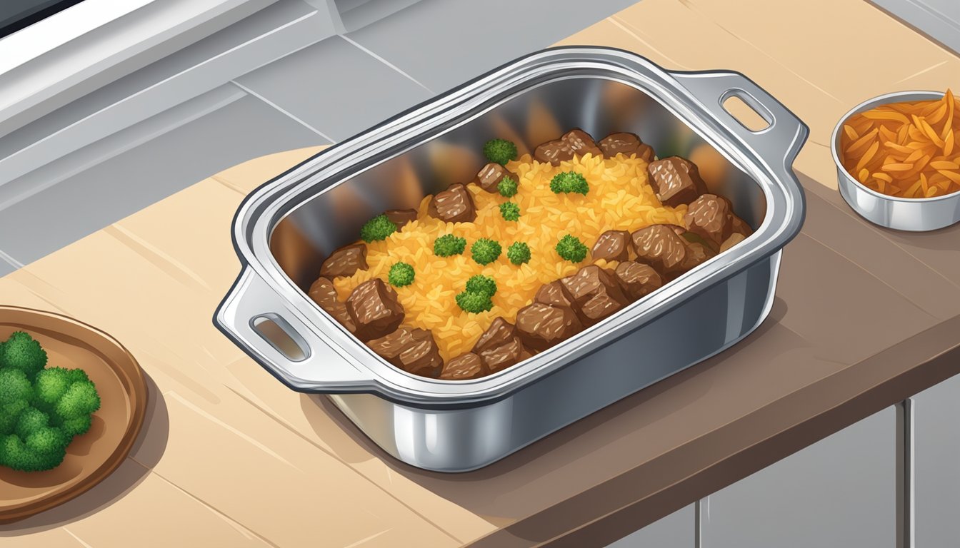 A casserole dish with beef and rice inside, covered with aluminum foil, placed in the oven for reheating