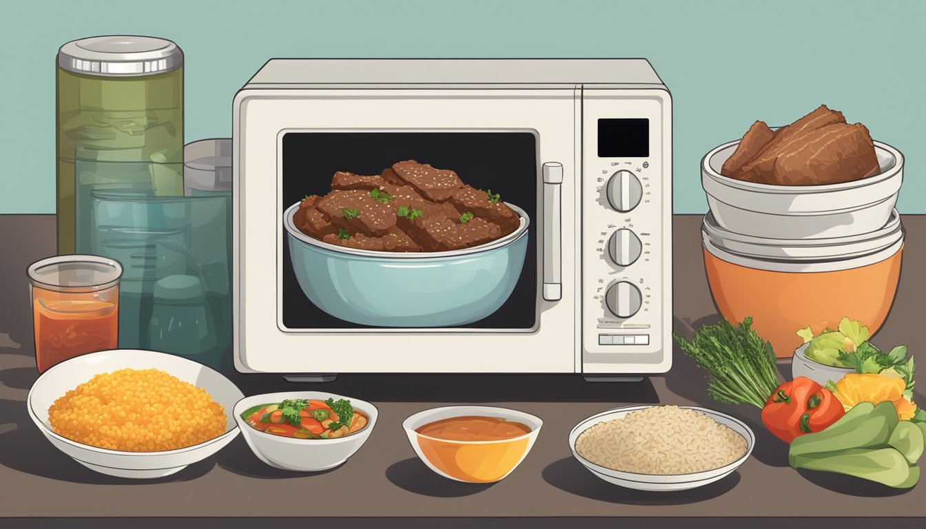 A microwave with a beef and rice bowl inside, surrounded by various ingredients and substitutes like vegetables, sauces, and seasonings