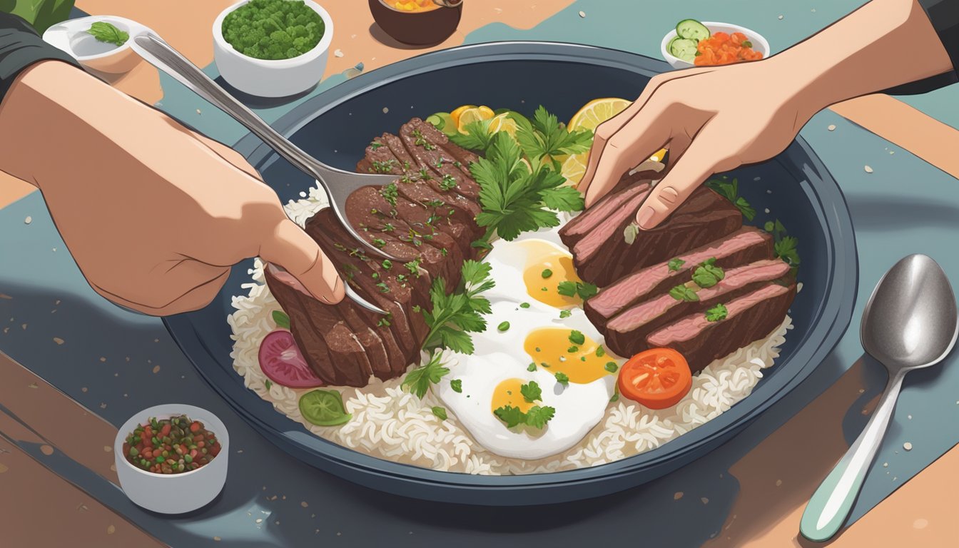 A pair of hands uses a spoon to sprinkle fresh herbs on top of steaming beef and rice bowls. A garnishing tray with additional toppings sits nearby