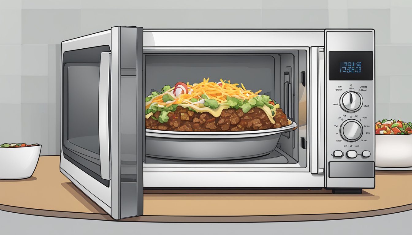 A microwave with a beef burrito bowl inside, steam rising, a fork nearby